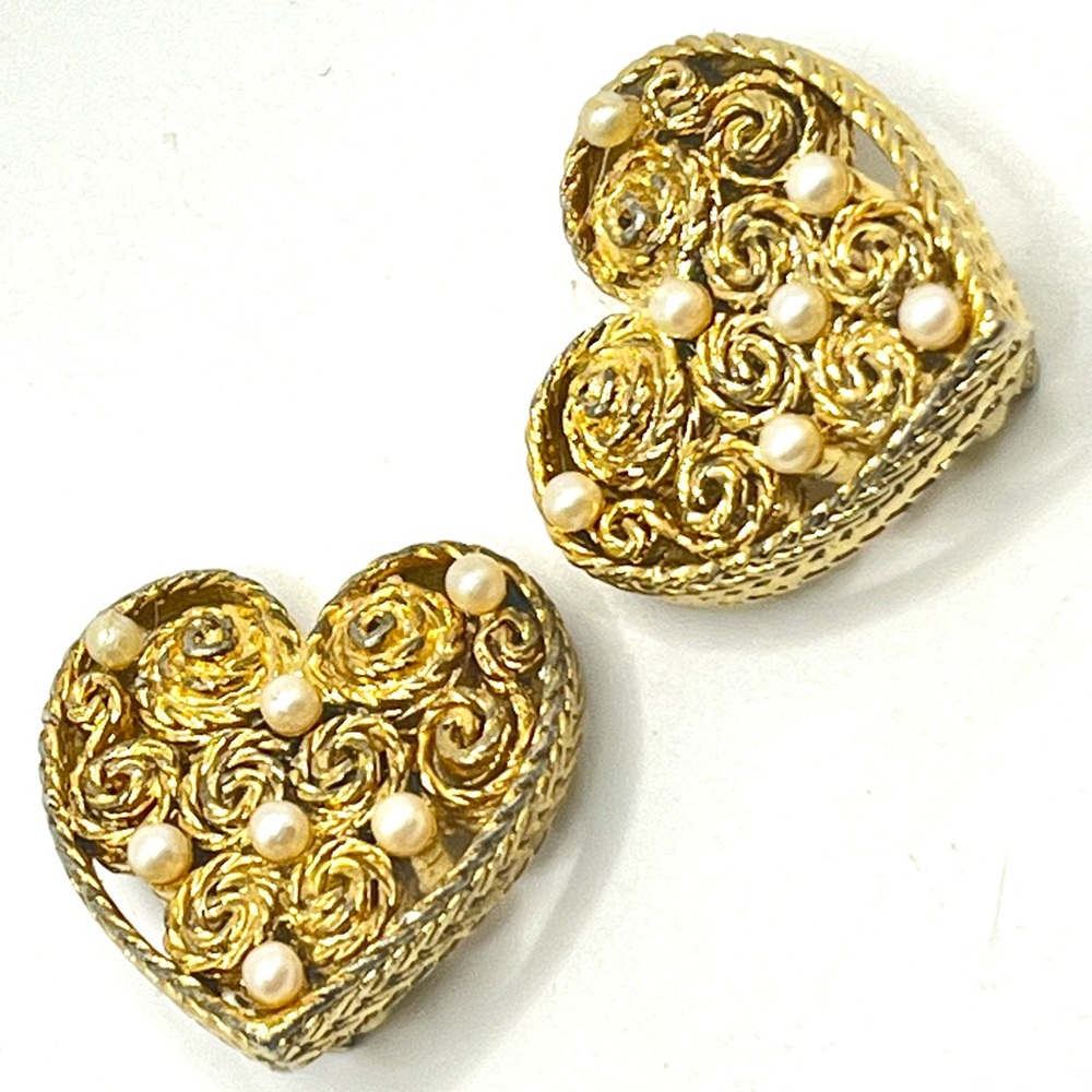 Vintage Givenchy Heart Faux Pearls Gold Tone Clip on Earrings